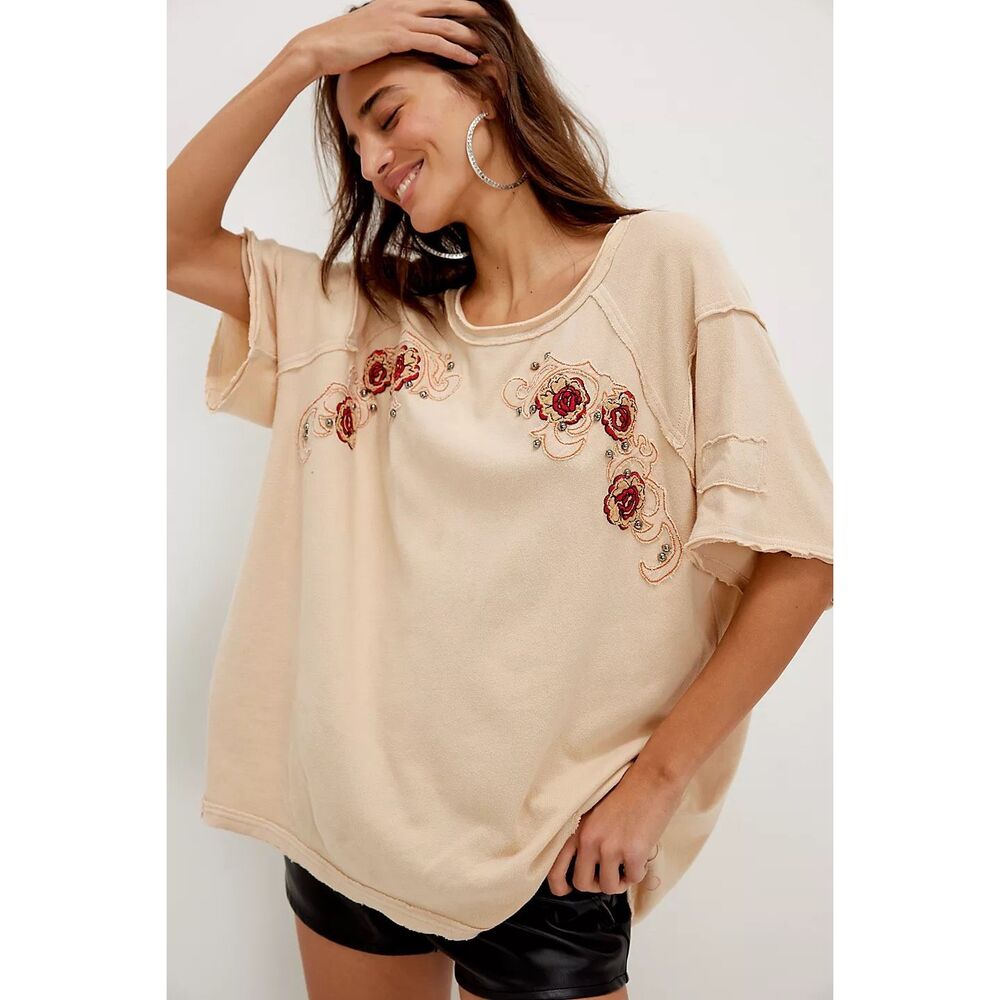 Free People Beige Short Sleeve Tee with Red Floral Embroidery